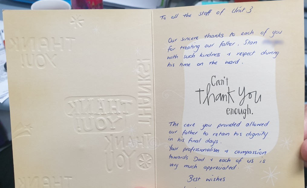 Thank you card from a patient family